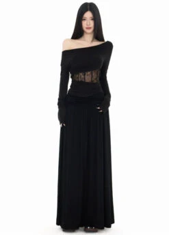 Off Shoulder Lace Panel Top And Ruched Waist Maxi Skirt Two-Piece Set -Modern Wear Shop b495b99636a86c77810c18dd3aad942d