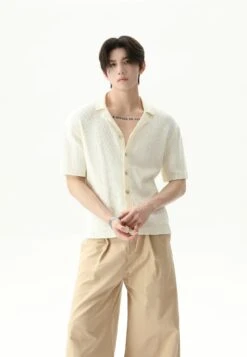 Cable Knit Button-Up Short Sleeve Shirt With Open Collar -Modern Wear Shop b49bbdc0a2552b6672d5d3c8e1692f71