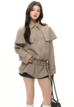 Belted Houndstooth Pattern Shoulder Cape Jacket