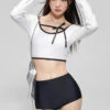 Contrast Hem Long Sleeve Crop Top And High-Waisted Bikini Set