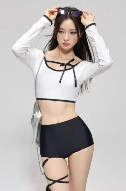 Contrast Hem Long Sleeve Crop Top And High-Waisted Bikini Set