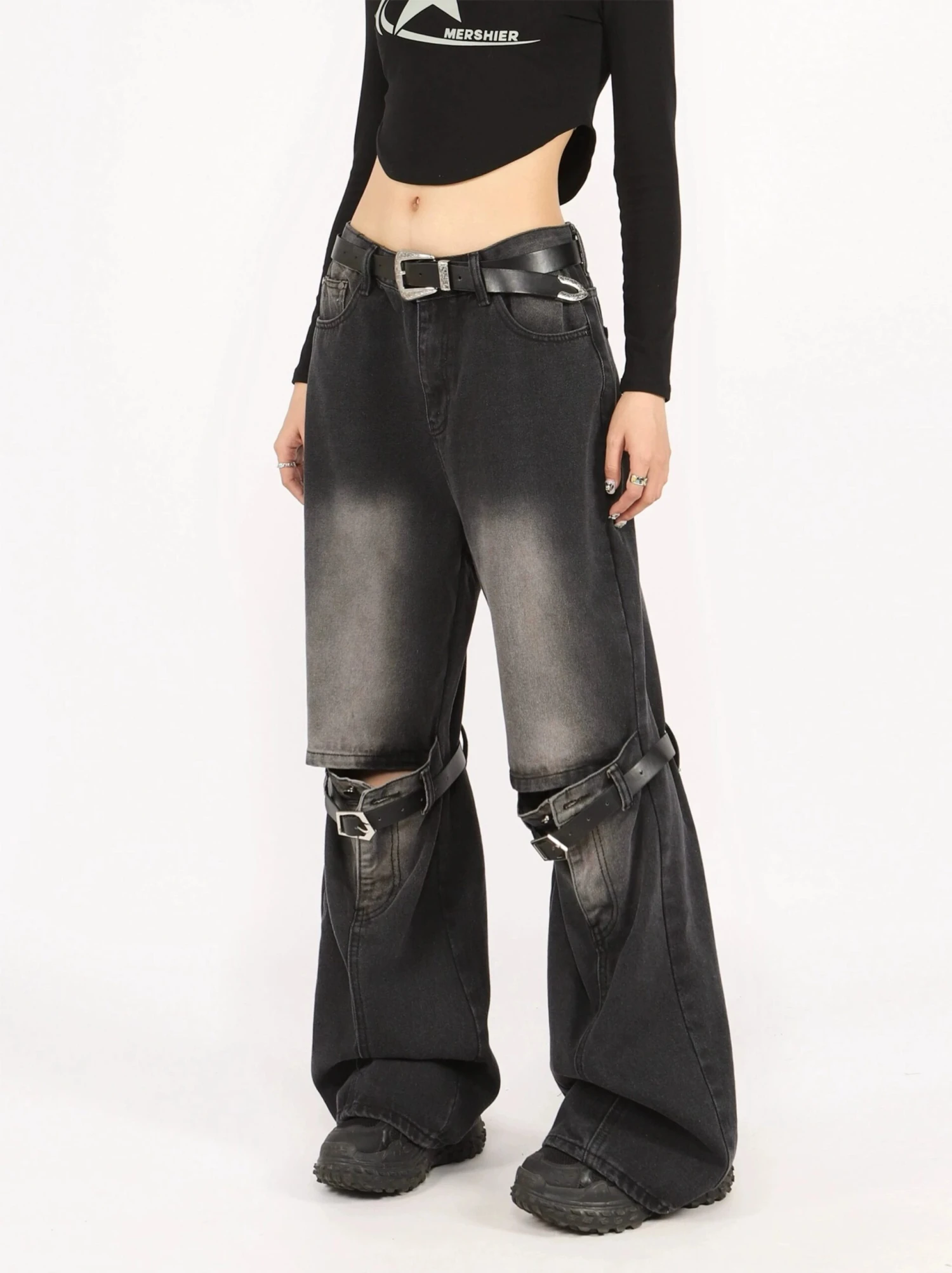 Button Belted Knee-Cutout Straight Faded Jeans 18 Button Belted Knee-Cutout Straight Faded Jeans - Image 18