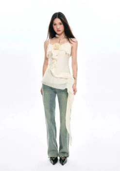 Ruffled Asymmetrical Camisole Top With Floral Accent -Modern Wear Shop b570ec4bd1459be58f21837929415d88
