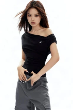 Asymmetrical Neckline Ruched Jersey Top -Modern Wear Shop b579636217dc41d29bf142916d198a77