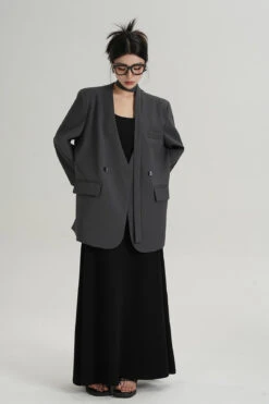 Oversized Boxy Double-Breasted Blazer With Skinny Neck Tie -Modern Wear Shop b598d3d8f50c3300b3e1343804550196