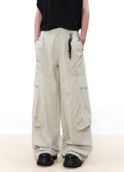Wide Leg Cargo Pants With Oversized Pleated Pockets
