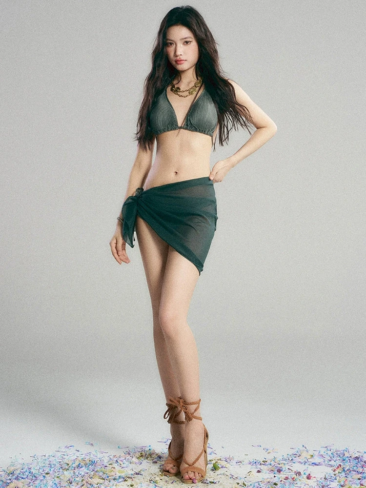 Ribbed Triangle Bikini Set With Sheer Sarong Wrap 7 Ribbed Triangle Bikini Set With Sheer Sarong Wrap - Image 7