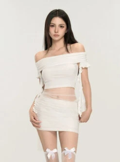 Off-Shoulder Ruched Crop Top With Tie Sleeves