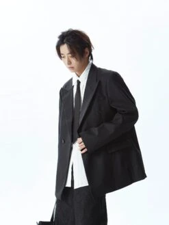 Double Breasted Structured Shoulder Blazer With Wide Lapel -Modern Wear Shop b622714561425b2855e3862510568dd3