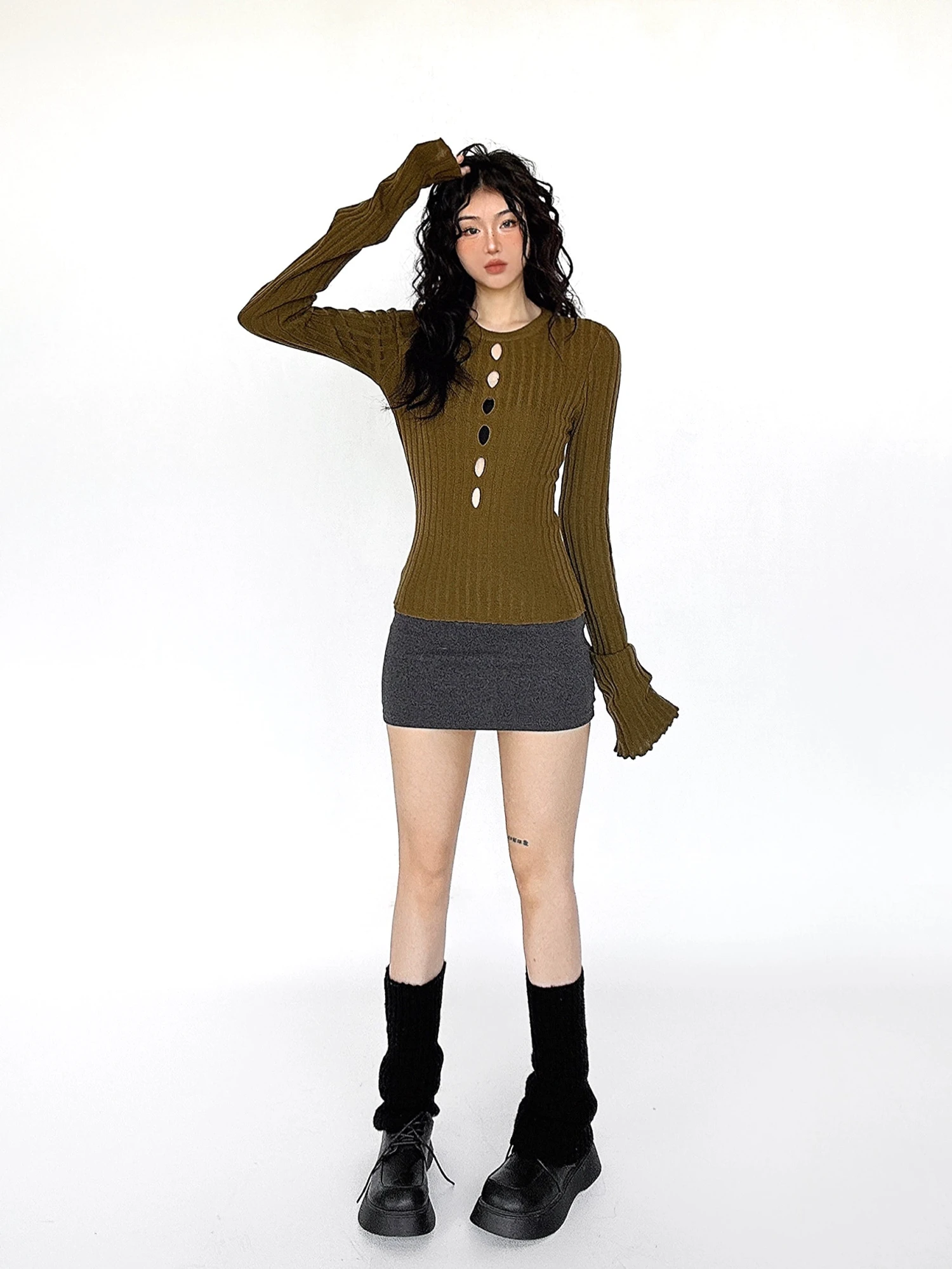 Flare Long Sleeve Ribbed Knit Top With Cutouts 14 Flare Long Sleeve Ribbed Knit Top With Cutouts - Image 14