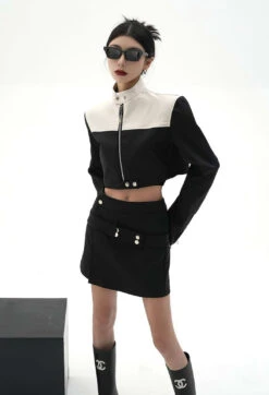 Color Block Cropped Moto Zip Up Jacket -Modern Wear Shop b650cb04d4c899d26c9095ba6e5379cb