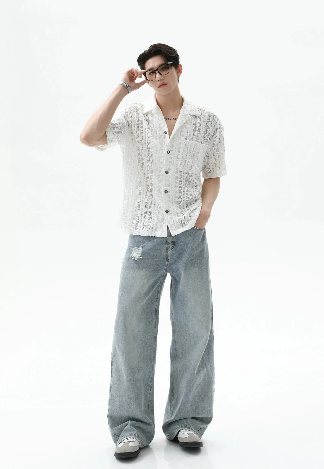 Button-Up Sheer Lace Shirt With Geometric Pattern 5 Button-Up Sheer Lace Shirt With Geometric Pattern - Image 5