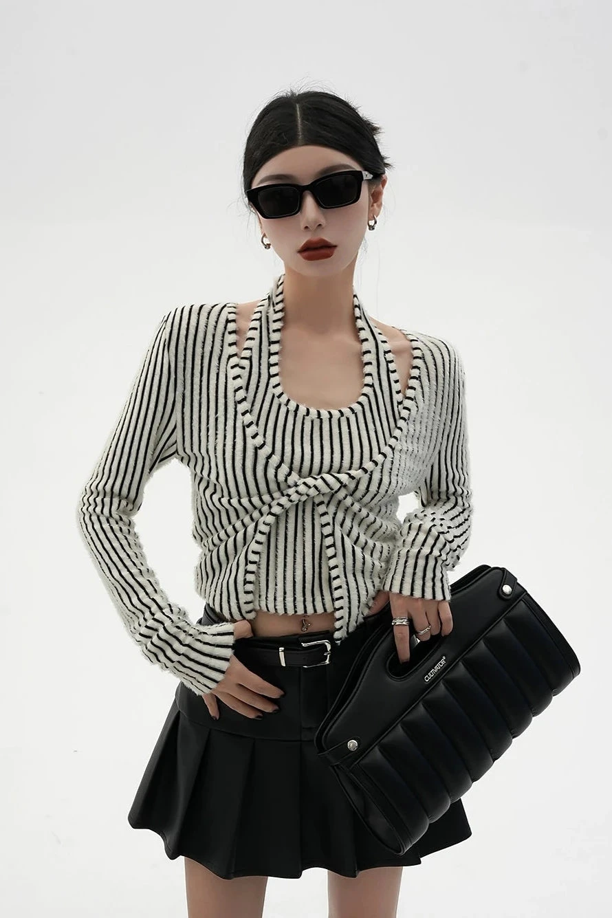 Stripe Halter Neck Knot Long Sleeve Blouse 5 Stripe Halter Neck Knot Long Sleeve Blouse - Image 5