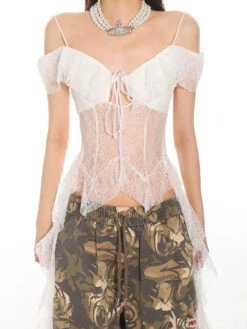 Off-Shoulder Lace Sheer Crop Top With Tassel Details -Modern Wear Shop b6cf63ec51aa1676436b34ab2a9f8c8f