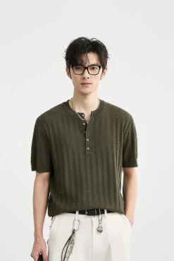 Textured Knit Ribbed Trim Half Button Short Sleeve Shirt -Modern Wear Shop b6d277d25b67fc144e5f059f26ed64f3