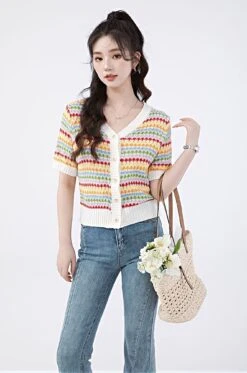 Stripe Cropped Ribbed Hem Cardigan -Modern Wear Shop b6de3ba5d156a0beb1fd5cc9d3441312