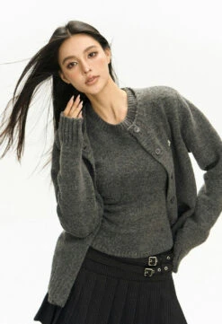 Ribbed Trim Slim Round-Neck Cardigan -Modern Wear Shop b749e7a0c4a22747f2500bb10bb86174