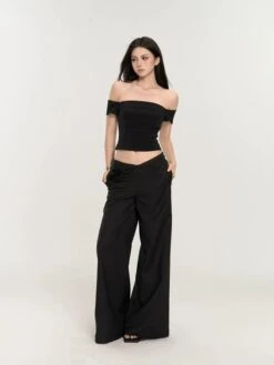 Wide-Leg Low Waist V-Shape Trousers With Floral Accent -Modern Wear Shop b75a00c40d030bb39b4c74ed6203a77f