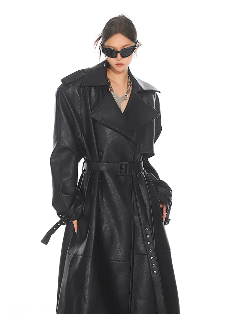 Oversized Belted Faux Leather Coat With Wide Lapels 10 Oversized Belted Faux Leather Coat With Wide Lapels - Image 10