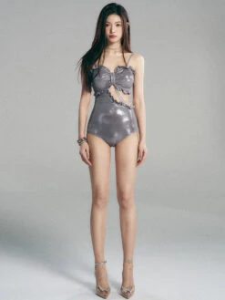 Metallic Ruched One-Piece Swimsuit With Tie Front -Modern Wear Shop b7971201724ce38c760609ff93d4f627