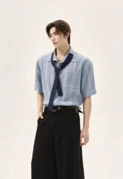 Textured Short Sleeve Button-Up Stripe Shirt With Chest Pocket And Necktie -Modern Wear Shop b7ad0b98cb37e65f2a102c0cc435a49d