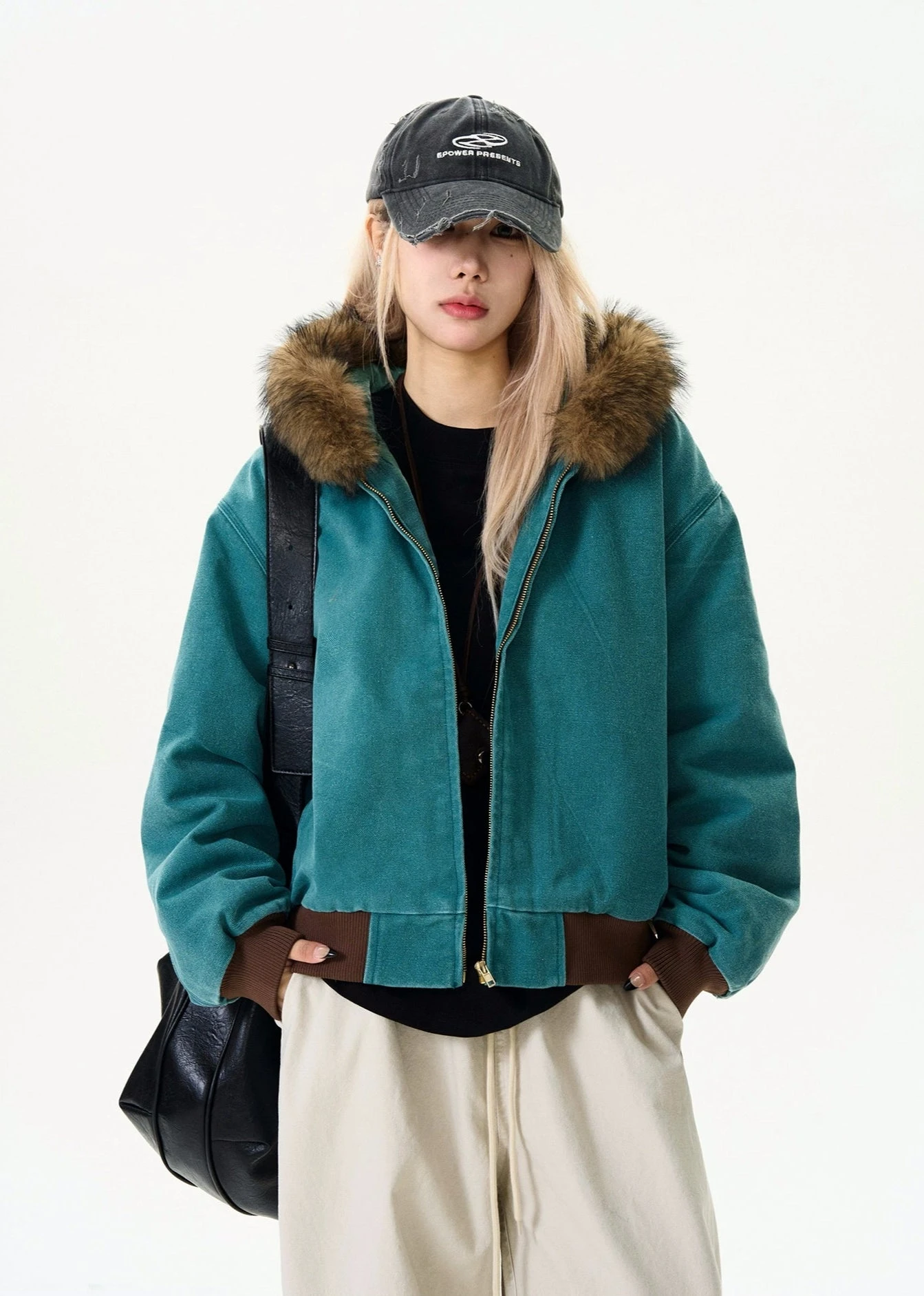 Contrast Faux Fur Hooded Bomber Jacket 2 Contrast Faux Fur Hooded Bomber Jacket - Image 2