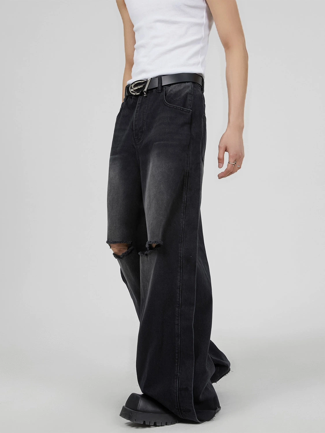 Vintage Washed Knee Ripped Wide-Leg Denim Jeans 7 Vintage Washed Knee Ripped Wide-Leg Denim Jeans - Image 7