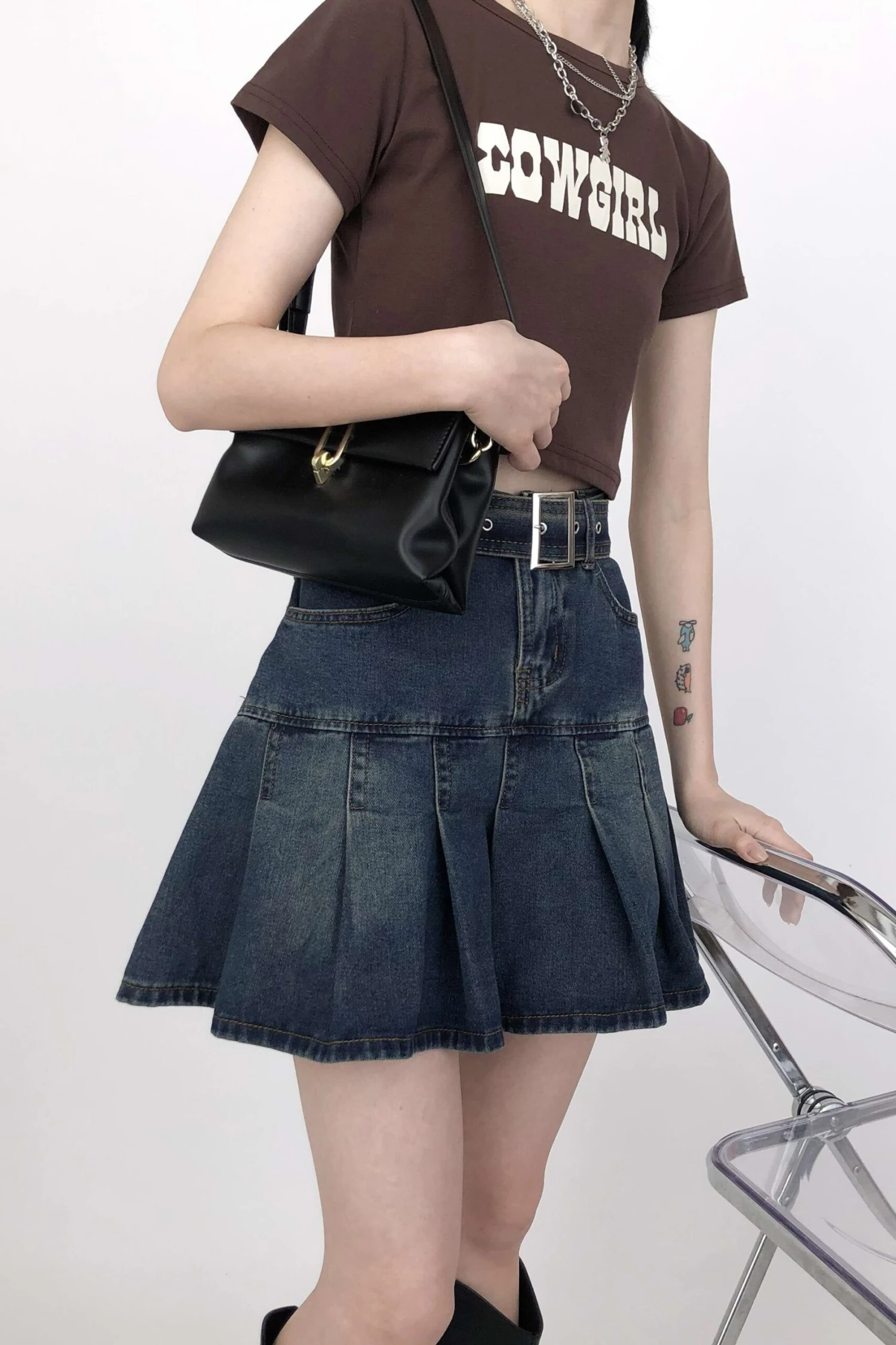 Tier Pleated Mini Denim Skirt With Belt 3 Tier Pleated Mini Denim Skirt With Belt - Image 3