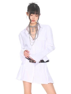 Flare Long Sleeve Pleated Mini Shirt-Dress -Modern Wear Shop b88f8b5cc6d61397e3187f03787b3376
