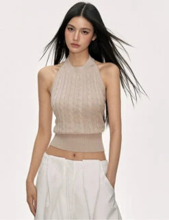 Cable Knit Ribbed Halter Neck Open Back Crop Top