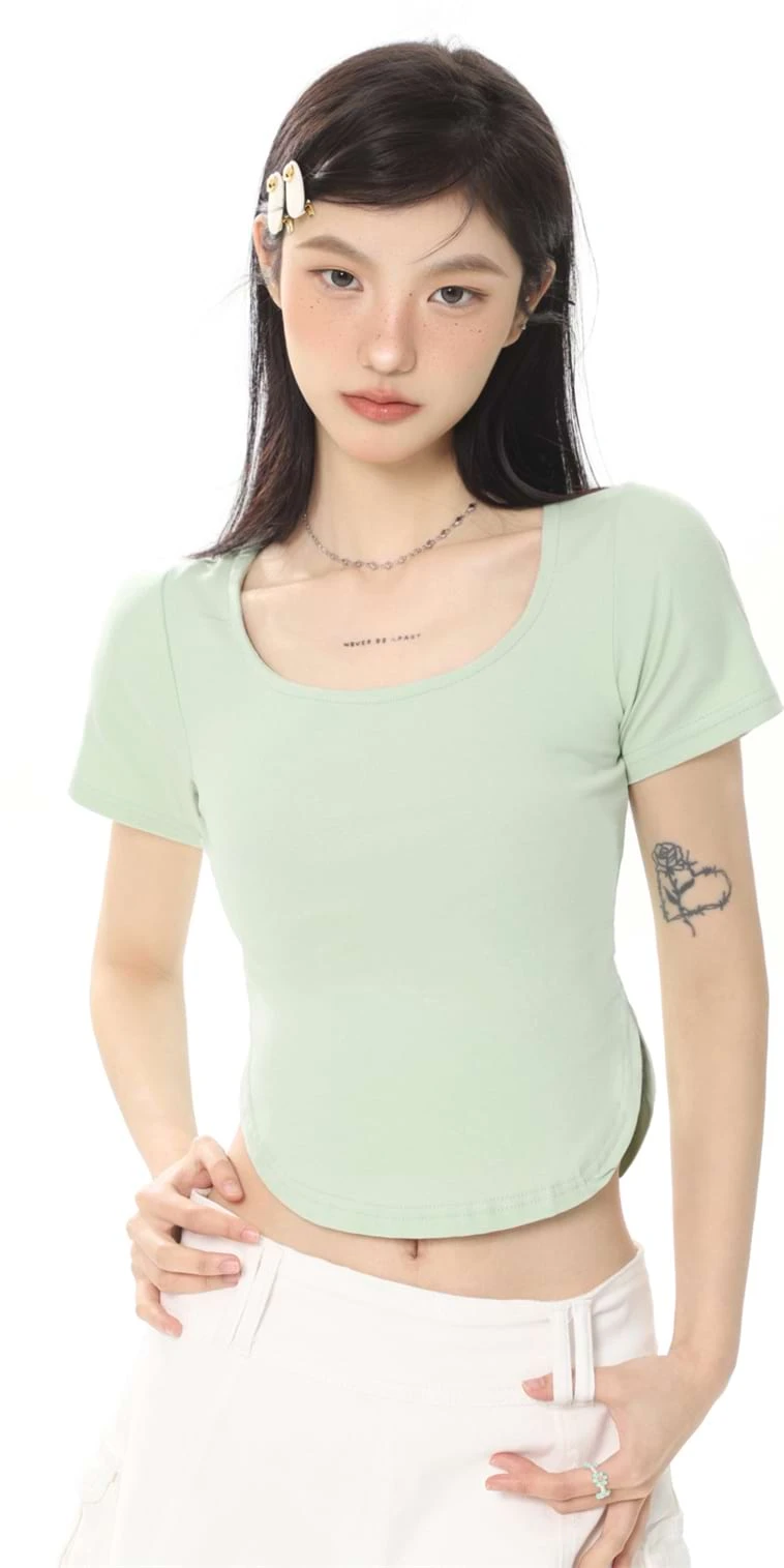 Cropped U-Neck Curve Hem Baby Tee 6 Cropped U-Neck Curve Hem Baby Tee - Image 6