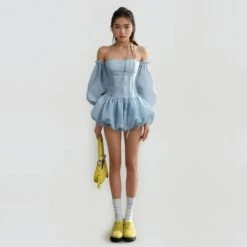Tube Balloon Mini Dress With Detachable Puff Sleeves