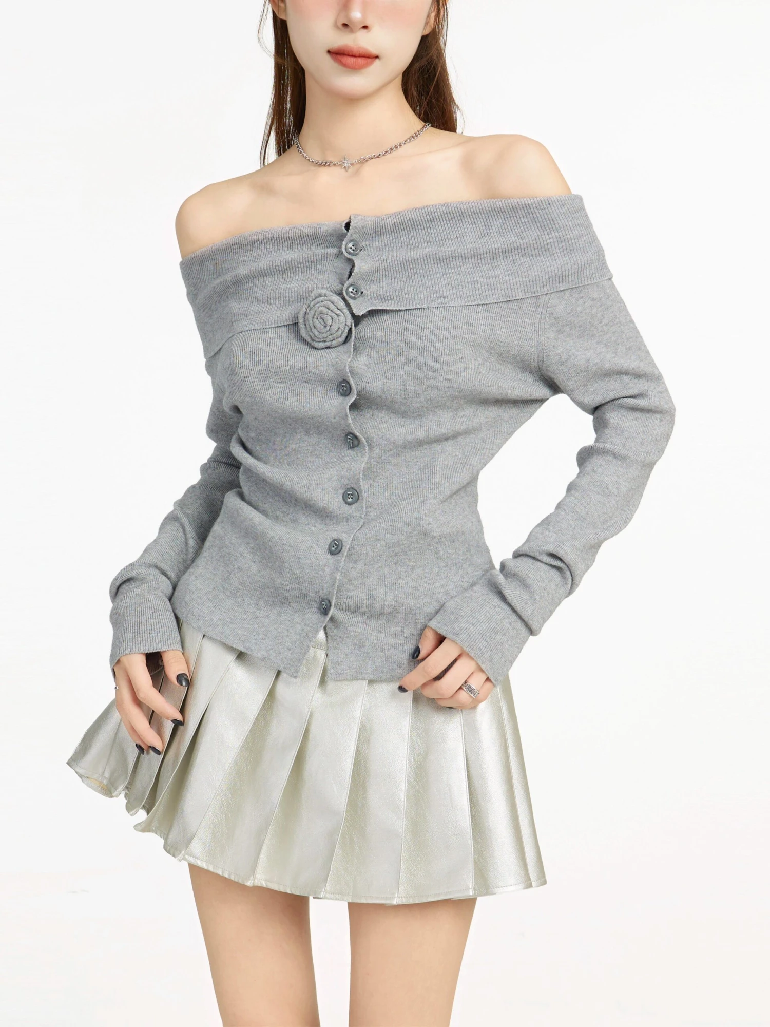 Off Shoulder Long Sleeve Button Top With Flower Applique 7 Off Shoulder Long Sleeve Button Top With Flower Applique - Image 7