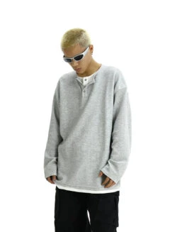 Oversized Henley Pullover Mock-Layered Long Sleeve Tee -Modern Wear Shop b9526561104395b9e9a9decb6fbd2b30