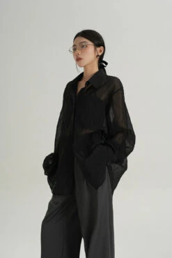 Sheer Wave Texture Long Sleeve Button Top -Modern Wear Shop b9d112933de7b1feab10702733bdfd0f