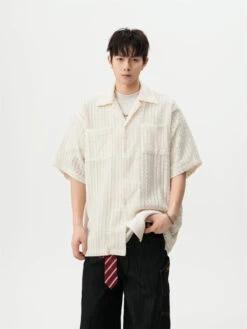 Sheer Open Knit Short Sleeve Button Up Shirt With Chest Pockets -Modern Wear Shop b9fb14e76e15970acf8de6bf4c511a3a