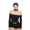 Off-Shoulder Long Sleeve Crop Top With Choker-Neck