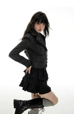 Ruffle Trim Tailored Blazer With Stud Accents -Modern Wear Shop ba7a91dbd5d58cd65263f865bba5b372