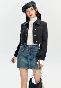 Textured Fireman Clasp Cropped Collar Jacket
