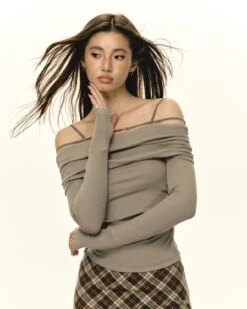 Off-Shoulder Layered Long Sleeve Ruched Skinny Top 7 Off-Shoulder Layered Long Sleeve Ruched Skinny Top -Modern Wear Shop bb167ba864ac2116e774018275dd2945