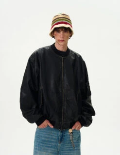 Oversized Distressed Faux Leather Bomber Jacket With Sleeve Pocket 18 Oversized Distressed Faux Leather Bomber Jacket With Sleeve Pocket -Modern Wear Shop bb3f78c54e554c8d93d5d9fe07636ea7