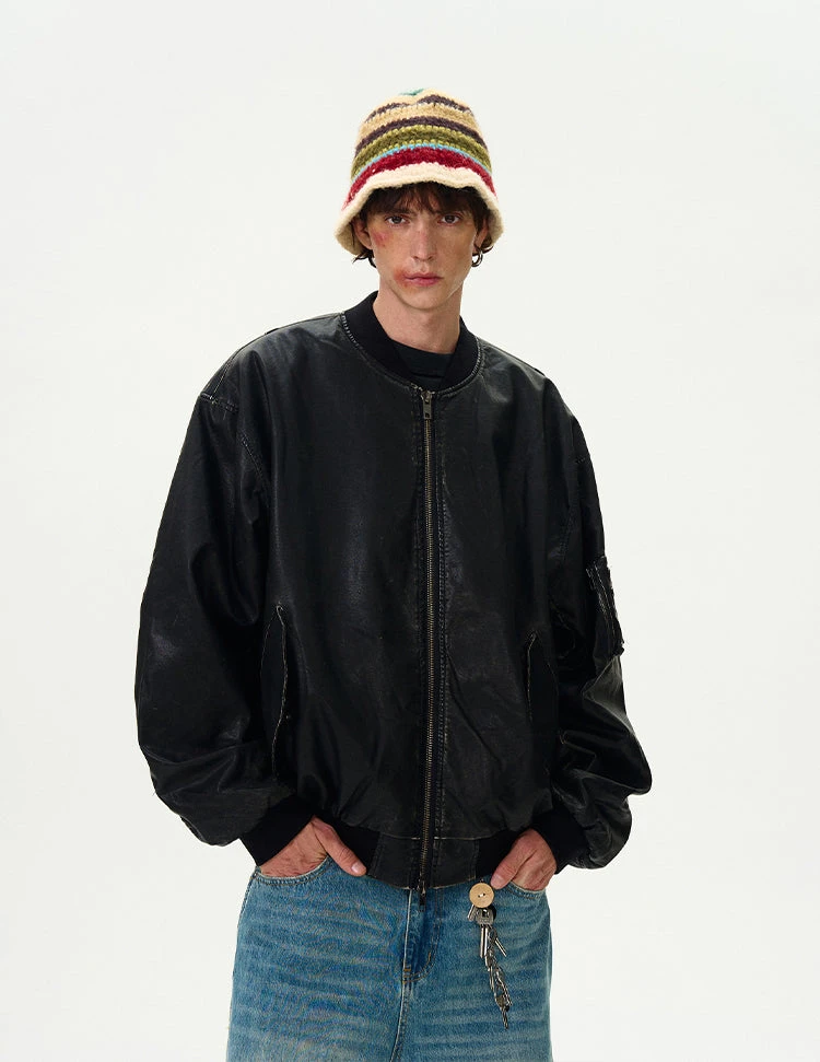 Oversized Distressed Faux Leather Bomber Jacket With Sleeve Pocket 3 Oversized Distressed Faux Leather Bomber Jacket With Sleeve Pocket - Image 3