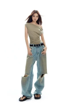 Asymmetrical Neckline Ruched Jersey Top -Modern Wear Shop bb645b25502cdc27e124a649cfd11e63