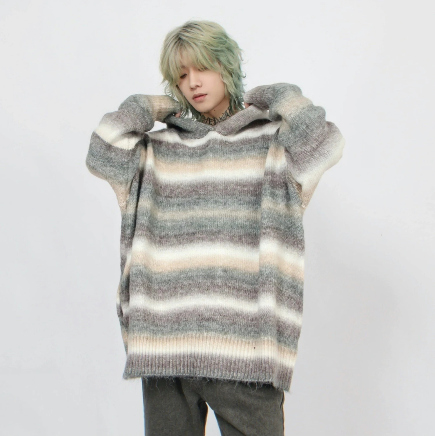 Oversized Pastel Striped Ribbed Hem Hoodie Sweater 1 Oversized Pastel Striped Ribbed Hem Hoodie Sweater