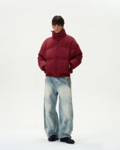 Checker Stand Collar Drop Shoulder Puffer Jacket -Modern Wear Shop bb863819212168e8b245b885040b23f0