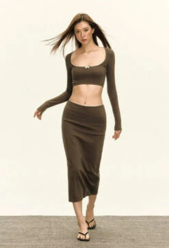 Skinny Bow-Detail Long Sleeve Crop Top And Maxi Skirt Two Piece Set -Modern Wear Shop bbde1e4b3349b0c8973b097be1e1d937