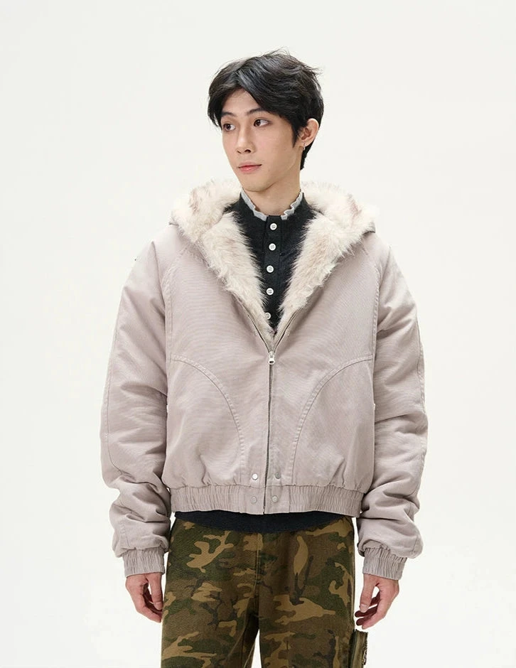 Oversized Faux Fur Collar Hooded Bomber Jacket 9 Oversized Faux Fur Collar Hooded Bomber Jacket - Image 9