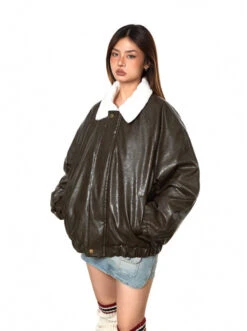 Fleece Lined Glossy Faux Leather Oversized Jacket -Modern Wear Shop bc17df123fc0631acbc2495506949c27