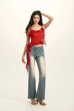 Spaghetti Strap Ruffle Trim Top With Floral Accent -Modern Wear Shop bc3da5064d9d5d14a94b58552b65a8aa