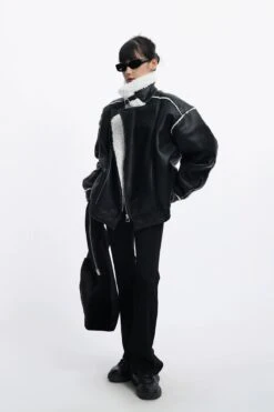Oversized Faux Leather Jacket With Sherpa Lining And Trim -Modern Wear Shop bc49cb163b0f32e63939dce8a15a690b